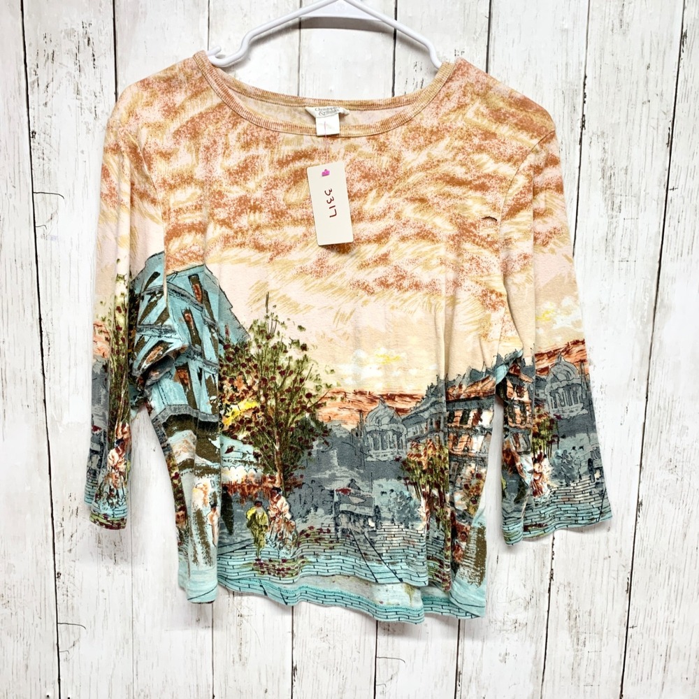 Christopher & Banks Scenic Landscape Top Women Size L Multicolor Cotton Art 5043
